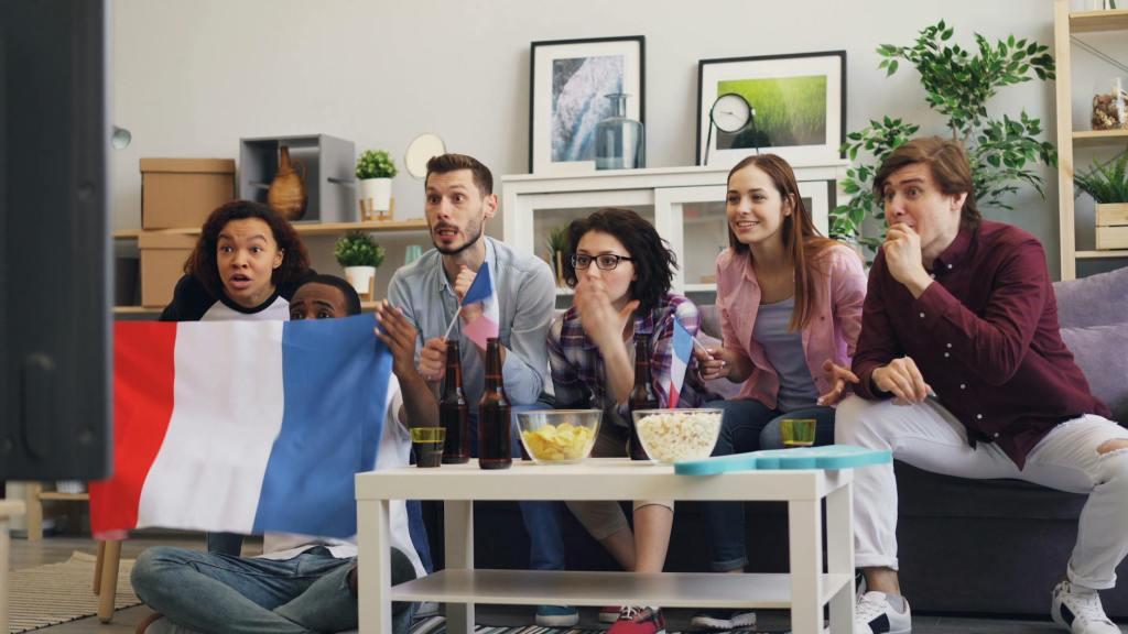 a group of people watching a soccer game with a french flag